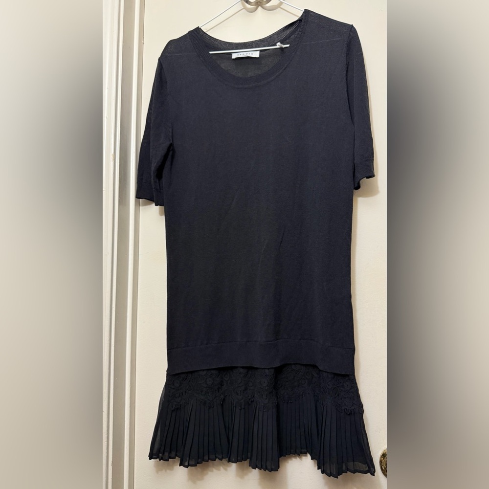 Sandro Black Midi Dress with Pleated Lace Hem